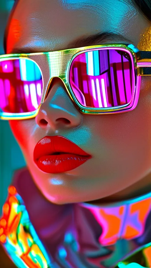 Prompt: photorealistic, (woman face), shimmering iridescent garments, oversized patterned sunglasses reflecting a grid, tools of the digital age, luminous digital hues, bold red lips striking contrast, (high depth), vibrant color palette, seamless gradient lighting, cyberpunk atmosphere, captivating details, modern aesthetic, (raw unedited photograph), exuding strength and individuality, ultra-detailed, cinematic quality.