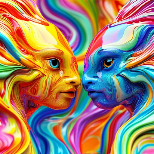 Prompt: (Colorful striped heads) of a female and male, emerging from (vibrant liquid), gazing at each other with intensity, close-up side view from above, surrounded by (dynamic, swirling liquid background), showcasing an (ultra-detailed, high quality 3D full body rendering), with elaborate textures and reflections in the colors of the liquid, creating a captivating, surreal atmosphere. The overall scene evokes a sense of connection through color and form.