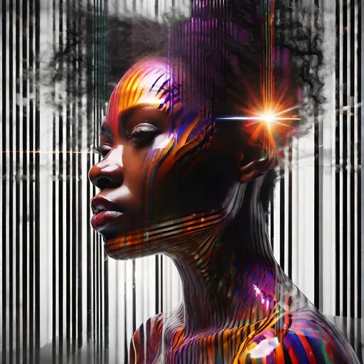 Prompt: 3D face of a black woman made of glass emerging from a black and white striped matrix, surrounded by a glowing mist, bright colors, high quality rendering, surreal, digital art, intense lighting, fiery hues, detailed features, futuristic, abstract, surreal, 3D rendering, variable hues, high energy, dynamic composition