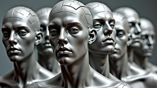 Prompt: (silver statue) of a group of 10 men and women with  (cracked face and body), looking to you,  dynamic, (defined facial features), (surrealist sculpture), (gray background), (concrete art), atmospheric and introspective mood, conveying emotion in its imperfections, (ultra-detailed), (high quality) with striking textures and depth, ideal for an evocative display of artistry.