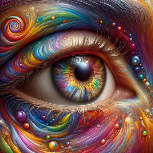 Prompt: a painting of a person's eye with colorful paint on it's face and the eye is painted with multicolors, realistic eyes, a hyperrealistic painting
