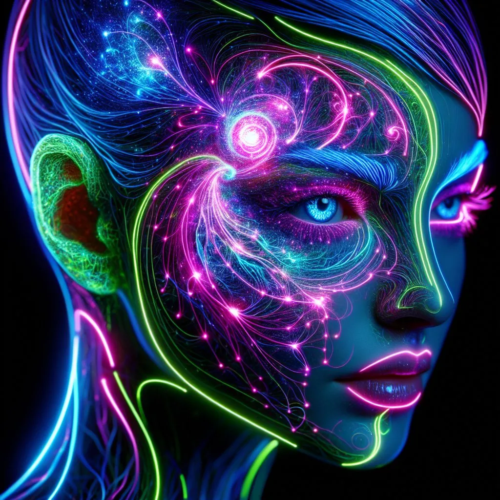 Prompt: a perfect light drawing of a woman's face, in which creativity is fused into a dazzling, exciting spectacle. the face is outlined with neon magenta-colored light, its interior has a green glowing structure that is constantly shifting and rearranging. the face is translucent and reveals its inner workings. the eyes are bright blue, the hair is short and blue.