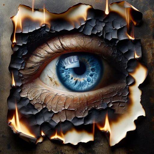 Prompt: Realistic lightening blue human eye on burnt paper, detailed scorched edges, realistic fire damage, high quality, detailed, realistic style, burnt edges, paper texture, dramatic lighting, professional quality, high resolution, photo, realistic, detailed background with burnt paper