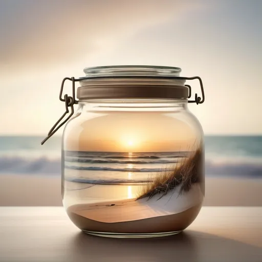 Prompt: Glass jar with lid (filled with a beach landscape, sea and a sunrise). The glass jar takes up the majority of the image. Background neutral color matching, reflected light, warm earth tones, organic textures, soft light, delicate condensation details on the glass, inviting atmosphere, minimalist and charming, high quality image, ultra-detailed, 4K.