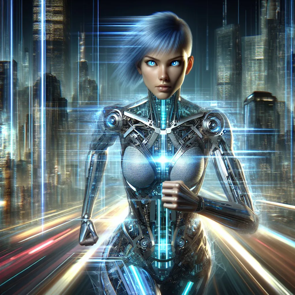 Prompt: a woman with a futuristic face and a futuristic body, blue eyes and blue short hairs running, with a futuristic background and lines of light coming from her body,cyberpunk art