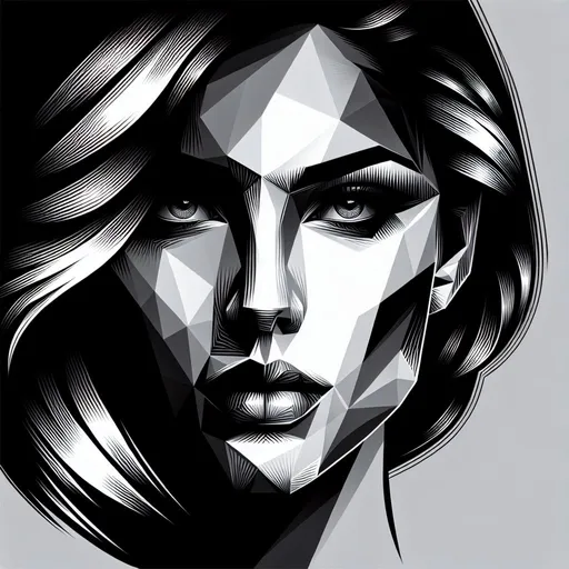 Prompt: Silhouette of polygonal woman's face, 4k, black and white, artistic, impressive, beautiful, polygonal design, high contrast, detailed lines, striking shadows, modern art, minimalist style