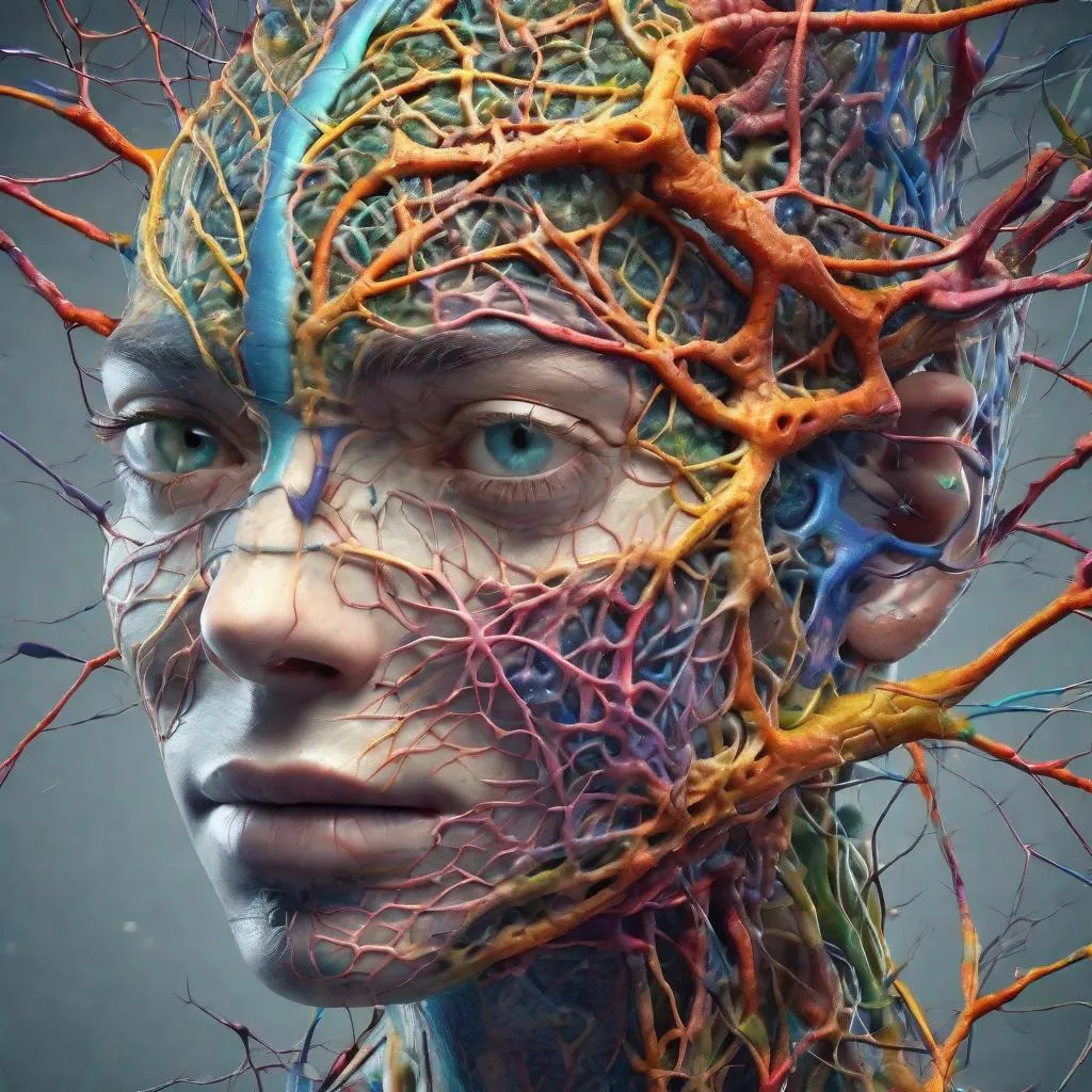 Prompt: Realistic, Detailed, Beautiful colorful Neuron Face Portrait, Net in the Skin, detailed lightening, eyes, Intricately Structured, Unknown Plants, Biodiversity, Surreality, Hyper Detailed, Ultra Sharp 3D Rendering, Focus Face, Top Shot