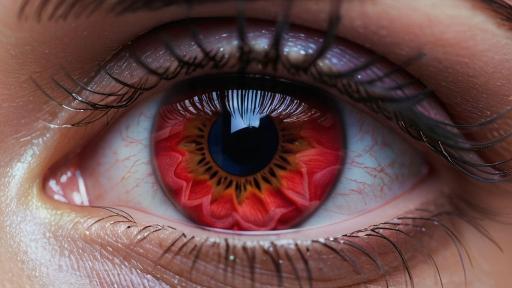 Prompt: 64k, highest resolution, perfection, HDR, 3D rendering, full frame eye of a woman, macro, detailed iris looks like a perfectly depicted red rose petal, the makeup matches the iris, perfect makeup, woman's eye, realistic, detailed Eyes, perfect lighting, high quality