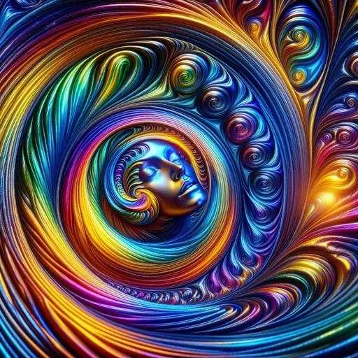 Prompt: Psychedelic spiral in metallic colors with woman's face, swirling spiral pattern in vibrant metallic shades, detailed feminine features, high-contrast, high-saturation, trippy, mesmerizing, metallic color palette, glittering details, glossy finish, surreal, fantasy, kaleidoscopic, best quality, highres, ultra-detailed, surreal, psychedelic, glossy metallic, mesmerizing spiral, vibrant colors, detailed feminine features, high-contrast, high-saturation, fantasy lighting