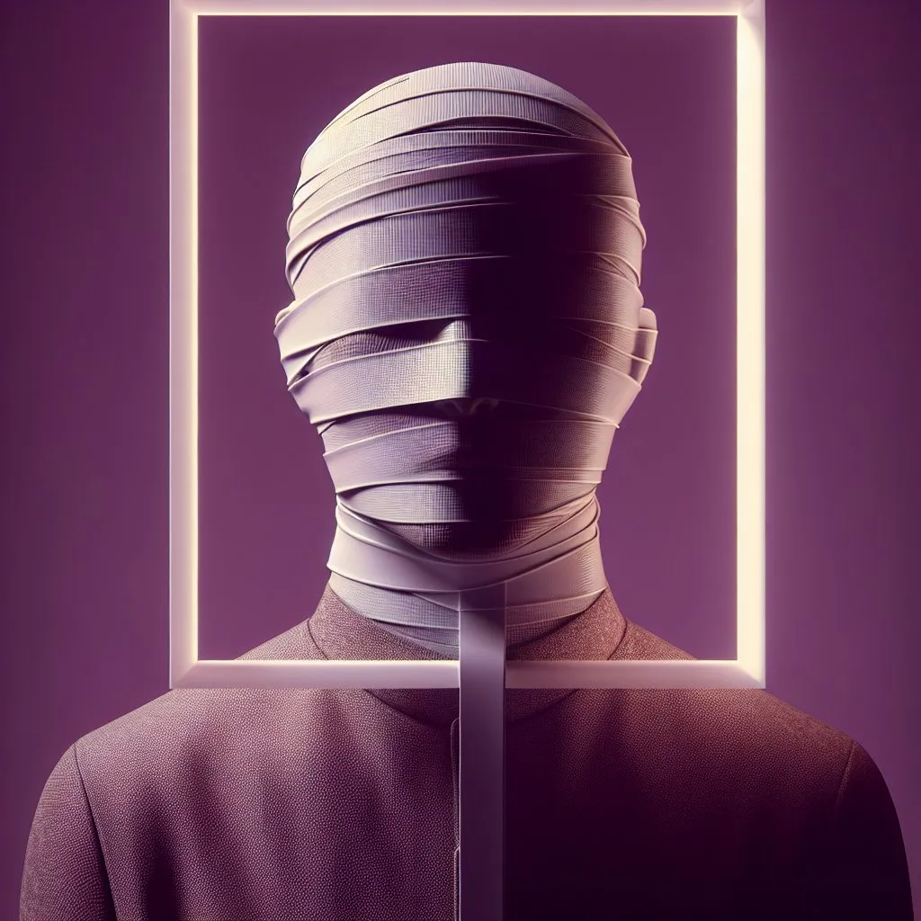 Prompt: a digital rendering of a person with a tape around their head and neck, with a purple background and a white rectangle around the head, futuristic, 