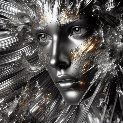 Prompt: gold silver-colored with a monochrome woman face, 4k, open eyes, artistic, impressive, beautiful, high contrast, striking shadows, 3D rendering, vibrand silver gold colors explosion, detailed lines, gold sheen, high-quality, stunning visual, intense gaze, surreal atmosphere, metallic tones, dynamic poses