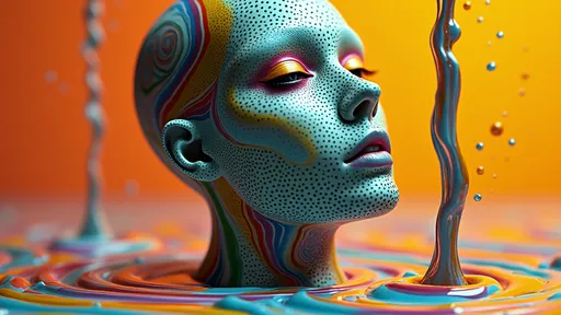 Prompt: Liquid pouring over a densely dotted female head, open detailed eyes, (bright colors), dynamic movement, exaggerated flow, abstract art style, striking contrast between the patterns, foreground with focus on the head and body, intricate details in the stripes, smooth texture of the liquid, visually captivating, playful ambience, (highly detailed) design, (3D illustration), colorful background enhances visual impact.