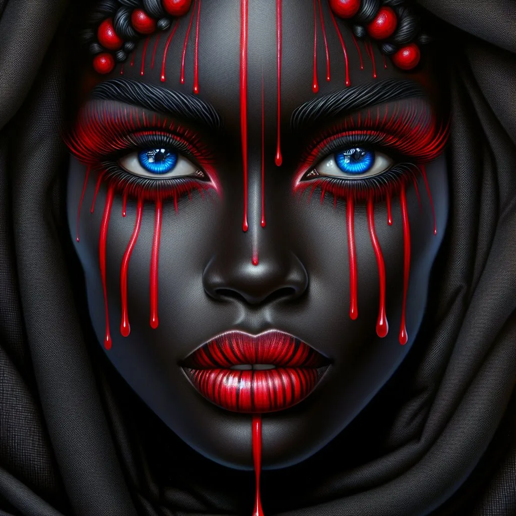 Prompt: a back woman with red makeup and blue eyes, with red paint stripes and fluid drops on her face, gothic art, a photorealistic painting