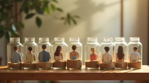 Prompt: 12 glass jars with lids on a table (each jar is filled with a woman or man sitting in it). The table takes up most of the image. Background neutral color matching, reflected light, warm earth tones, organic textures, soft light, delicate condensation details on the glass, inviting atmosphere, minimalist and charming, high quality image, ultra-detailed, 4K.