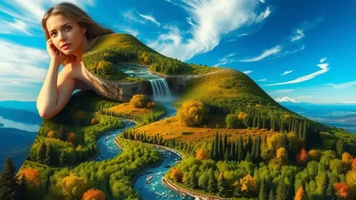 Prompt: (perfect shape), body adorned with a (complete landscape), (trees, rivers), vibrant and sprawling landscape on her figure, woman dominates the composition, (beautiful blue sky), wispy clouds cascading through the serene atmosphere, vivid detail, (high quality), surreal composition.