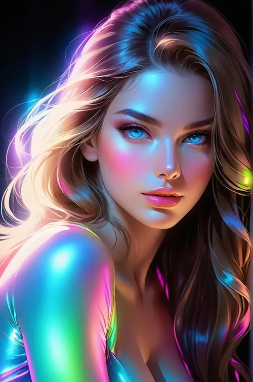 Prompt: Silhouette of a perfect female beauty, the body is wrapped in neon, multi-colored light. The light is reflected on her skin. She has expressive blue realistic eyes that look directly at the viewer. Long hair and pronounced cheekbones underline the natural beauty of a perfect woman. She has soft-focus, even and smooth skin. She is of magnificent, perfect, overwhelming, gorgeous, flawless, radiant, classic, strict, austere beauty.
The finely drawn neon-colored background underlines her breathtaking beauty.