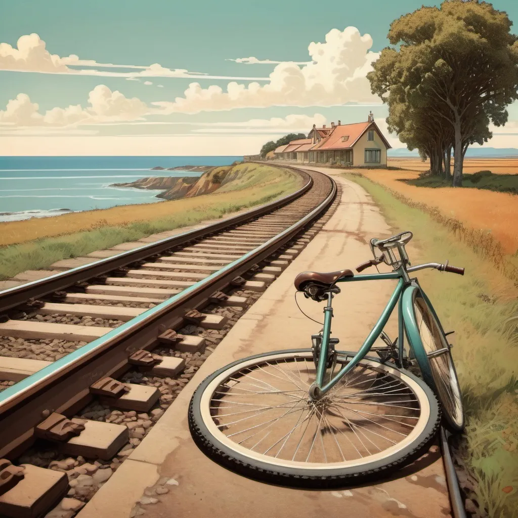 Prompt: A train track in a rural location with the sea in the distance. A retro style bicycle laying beside the track in the foreground. 