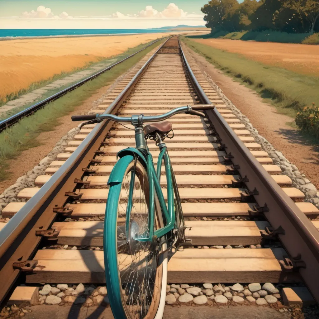 Prompt: A train track in a rural location with the sea in the distance. A retro style bicycle laying beside the track in the foreground. 