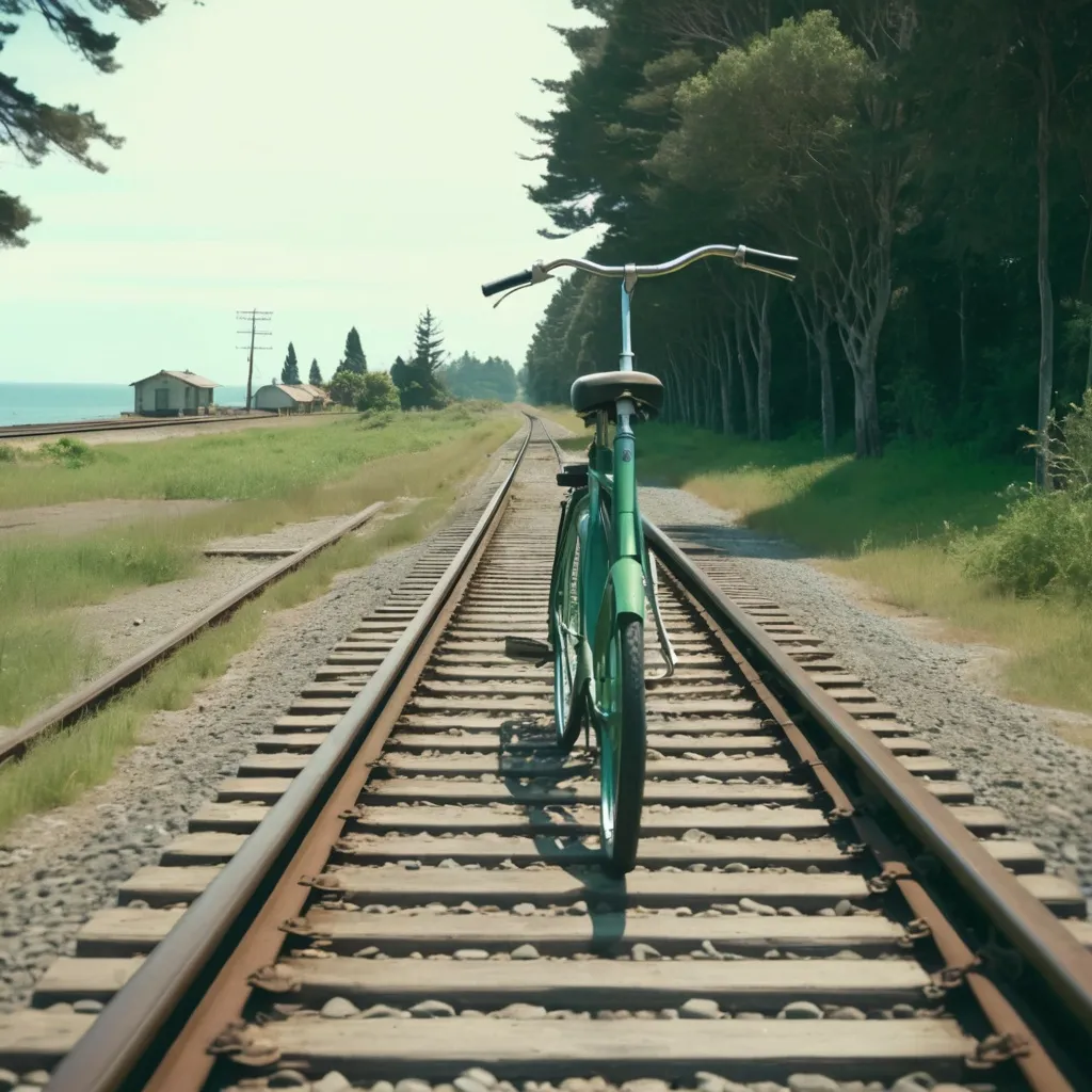 Prompt: Train tracks Center frame through a rural area with trees on either side of the tracks. The sea side is in the distance. Graded like the film stand by me. There is a retro styled green bicycle  laying in the foreground, abandoned. 