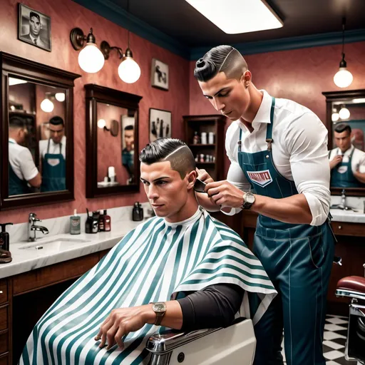 Prompt: "Generate a hyper-realistic image of Cristiano Ronaldo, wearing his team football jersey, skillfully cutting a customer's hair in a classic, vintage-style barbershop. The scene should capture fine details like the barber tools in his hands, the expressions on both Ronaldo and the customer's faces, and the cozy ambiance of the barbershop with mirrors, chairs, and decor in the background."