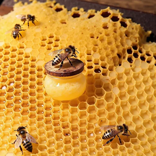 Prompt: honeycomb pieces around small jar on table, propolis, wax, frames, bees in hive, photorealism