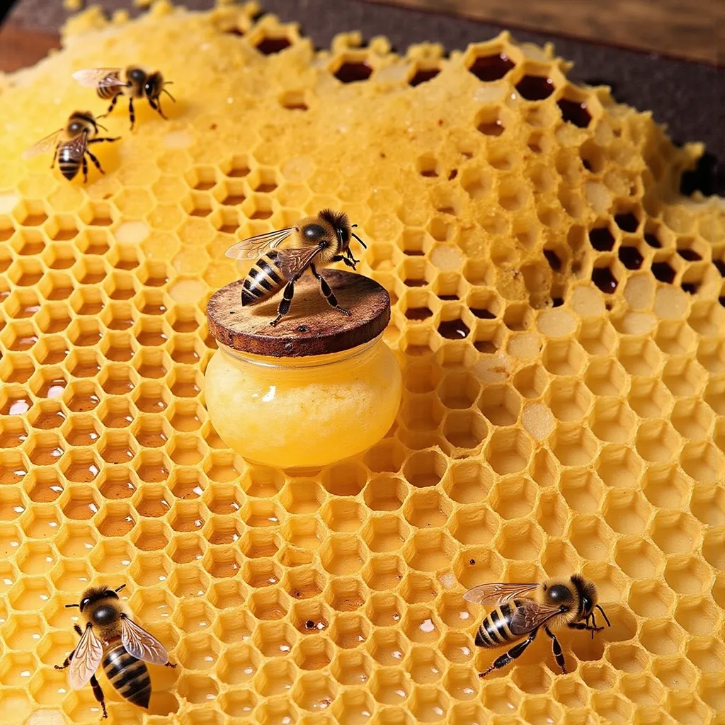 Prompt: honeycomb pieces around small jar on table, propolis, wax, frames, bees in hive, photorealism