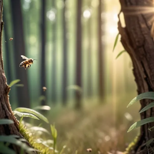 Prompt: image of a field, forest around, grass elements below, trees on the edges, hive lid at the bottom of the image, wood texture, one bee in the background, light falling from above on the field, rays of light, depth of view, background blur, background darker, realistic photo, 4k, background image