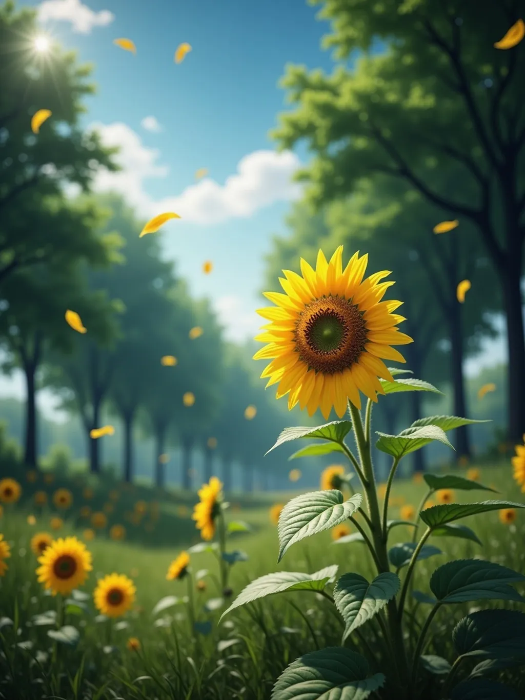 Prompt: sunflower on sunflower field, yellow petals flying, nature, blurred background, photorealistic