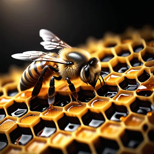 Prompt: (photorealistic) bee, (photorealistic) honeycomb structure, honeycombs do not touch the image borders, honeycombs in the center of the image, black fill background, realistic honey drops glistening, neutral black background, incredible depth of field, intricate details of each honeycomb cell, soft lighting to accentuate textures, ultra-detailed, high resolution, captivating focal point, enhances the delicate beauty of nature's objects, grass in the background