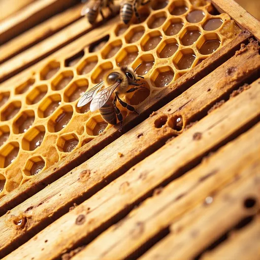 Prompt: bee frames in a hive, wooden frames with honeycombs, row of frames, bees, inside the hive, photorealism