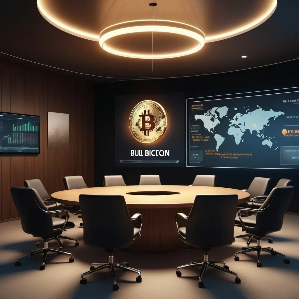 Prompt: (accurately spelled text "Bull Bitcoin"), business meeting setting, modern conference room, sleek and professional ambiance, warm lighting, dynamic atmosphere, high-quality digital rendering, engaged individuals discussing strategies, digital smart board displaying charts, sophisticated business attire, minimalist design features, ultra-detailed, 4K resolution.