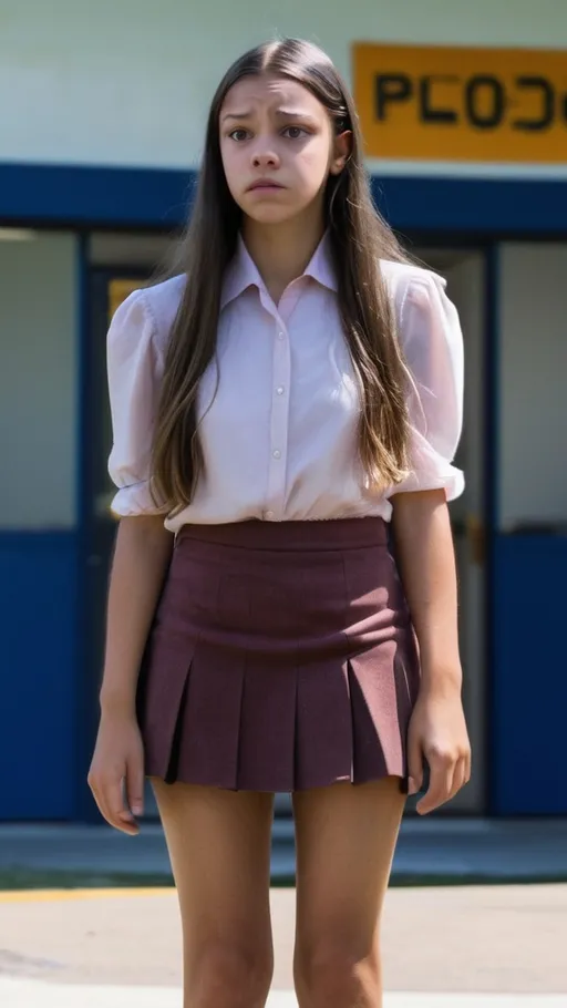 Prompt: Olivia Rodrigo with a long face standing outside a school, wearing a blouse and miniskirt, looking worried