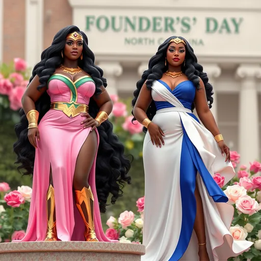 Prompt: Create 2 3d realistic and human like complete images of 2 plus size black women with 3d gold jewelry  with long luxurious hair that are  powerful, fiercely independent warrior-woman, embodying both grace and strength, with a deep connection to nature like Wonder woman at a HBCU college in North Carolina one of them in sorority colors pink and green wearing in goddess style formal dress standing on a platform alpha kappa alpha kappa and the other woman wearing a royal blue and white formal dress with Founder’s Day at the top of the image and in the  background with Pink, green, White and Royal blue Roses.