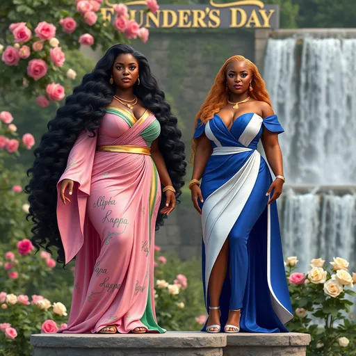 Prompt: Create 2 3d realistic and human like complete images of 2 plus size black women with 3d gold jewelry with long luxurious hair that are powerful, fiercely independent warrior like-woman, embodying both grace and strength, with a deep connection to nature.  at a HBCU college in North Carolina one of them in sorority colors pink and green wearing in goddess style formal dress standing on a platform alpha kappa alpha kappa and the other woman wearing a royal blue and white formal dress with Founder’s Day at the top of the image and in the  background with Pink, green, White and Royal blue Roses and a waterfall.