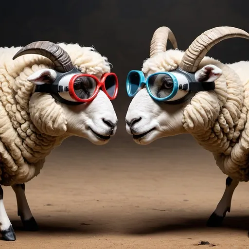 Prompt: 2  sheeps with horns and  googles in battle to each others. They are in fight ring.