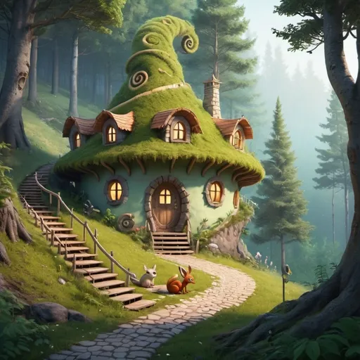 Prompt: a spiral road in the forest leading up the hill to a small house.  Two cute fantasy forest creatures sitting on the porch