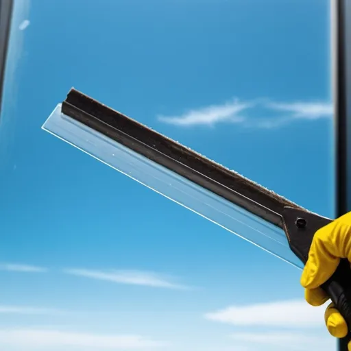 Prompt: i need an image of a closeup squeegee cleaning a window with a blue sky visible through the glass in the background
