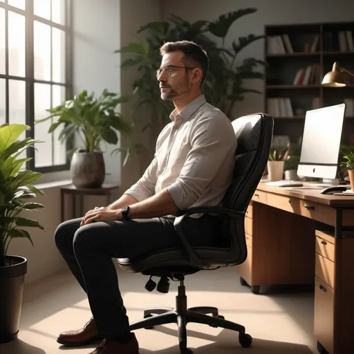 Prompt: man sitting on (office chair) with good posture, (focused expression), (formal office setting), sleek desk, warm lighting, minimalistic decor, cozy ambiance, beautiful sunlight streaming through the window, surrounding with plants, (4K), ultra-detailed, inspiring and productive atmosphere.