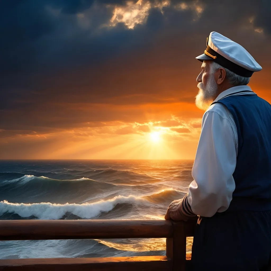 Prompt: Old sailor looking out over the sea, dramatic lighting, god rays, masterpiece, 64k, orange sunset, blue waves