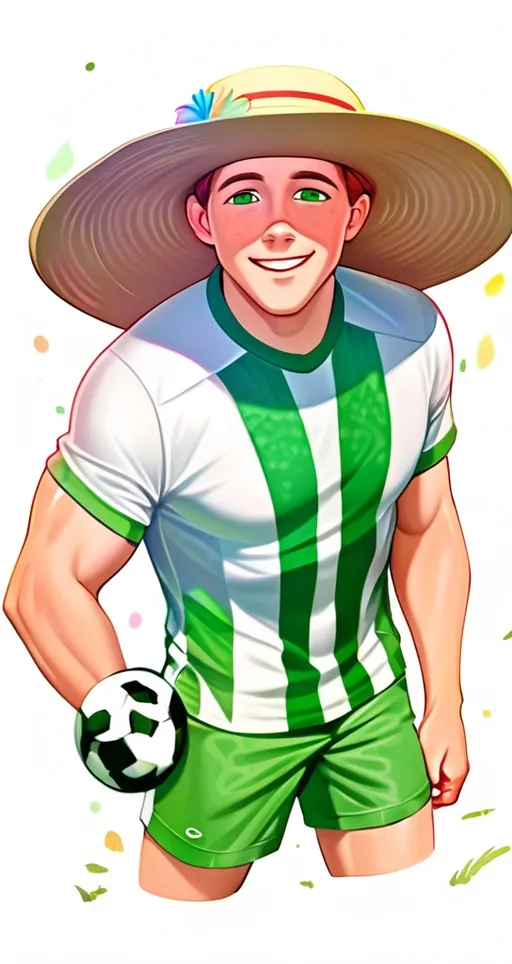 Prompt: (tall muscular young man), wearing a floppy sun hat, vibrant green shorts, and a green and white soccer shirt, cheerful expression, freckled face, sparkling green eyes, standing confidently in a sunny park, bright, warm lighting, lush green background, wonderfully vivid colors, ultra-detailed realism, capturing a joyful summer vibe.