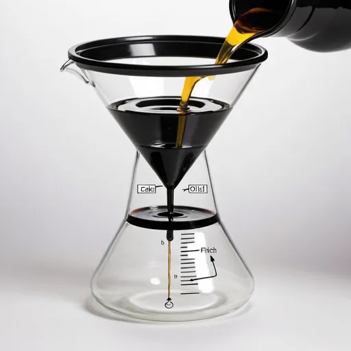 Prompt: Create an schematic of separating glass funnel with black colour liquid at bottom and oil at top
