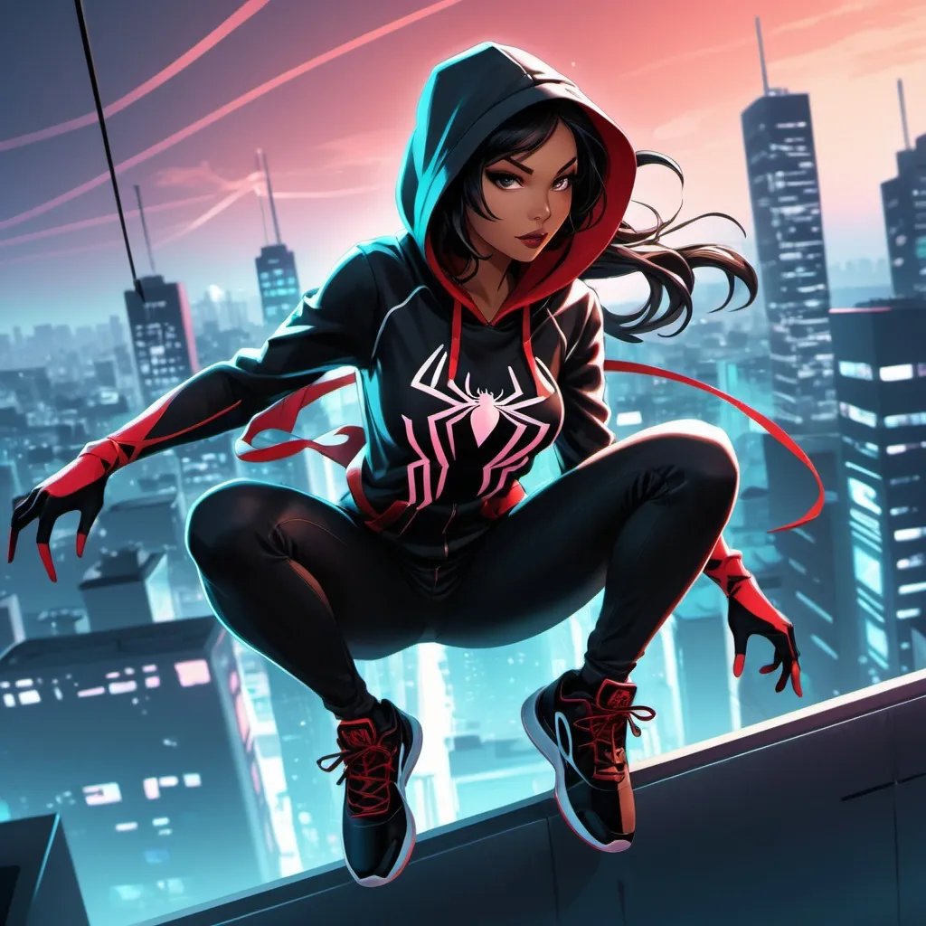 Prompt: Anime illustration of a Spiderwoman swinging, hoodie down, detailed web design, dynamic pose, sleek and detailed, urban cityscape background, high-tech streetwear, intense and focused gaze, cool tones, dynamic lighting, best quality, anime, urban, cool tones, detailed web design, sleek design, professional, dynamic lighting