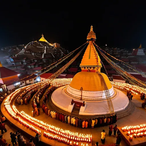 Prompt: A night scene at Boudhanath Stupa, illuminated by candles and lights , with devotees and monks circumambulating the stupa