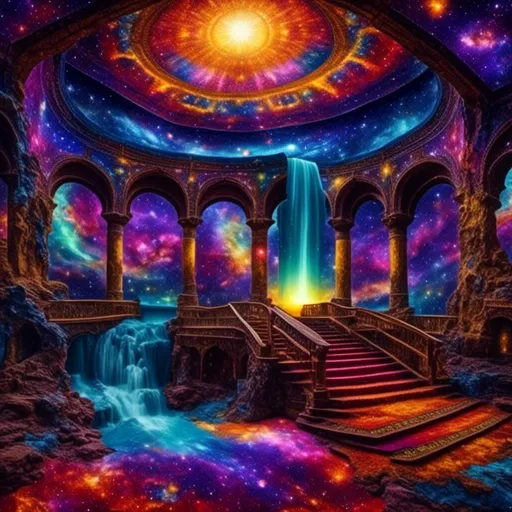 Prompt: waterfalls<mymodel> on a vibrant magic carpet, intricate details on the carpet's patterns, realistic fur texture on the monkey, magical aura surrounding the scene, vivid colors and enchanting lighting, high-res, magical realism, detailed carpet patterns, mystical monkey, vibrant colors, realistic fur texture, magical atmosphere, professional artwork, enchanting lighting
