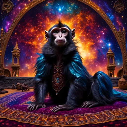 Prompt:  vampire vampire<mymodel> on a vibrant magic carpet, intricate details on the carpet's patterns, realistic fur texture on the monkey, magical aura surrounding the scene, vivid colors and enchanting lighting, high-res, magical realism, detailed carpet patterns, mystical monkey, vibrant colors, realistic fur texture, magical atmosphere, professional artwork, enchanting lighting