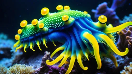 Prompt: ultra realistic, Macro underwater illustration of bright yellow nudibranchs, neon green and blue accents, colorful tentacles, vibrant neon tones, up-close detail, high quality, detailed texture, underwater, marine life, vibrant colors, macro, aquatic, neon bright, professional lighting