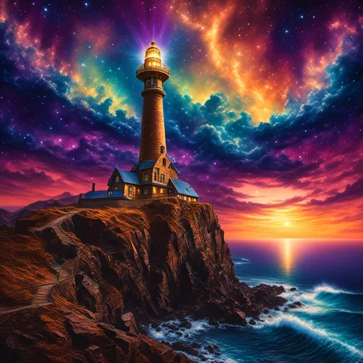 Prompt: <mymodel>Majestic lighthouse standing tall on rugged cliffs, vibrant sunset casting warm golden light, detailed brick texture, coastal landscape, high quality, realistic, dramatic lighting, traditional painting style, warm tones, detailed ocean waves, scenic view, tranquil atmosphere