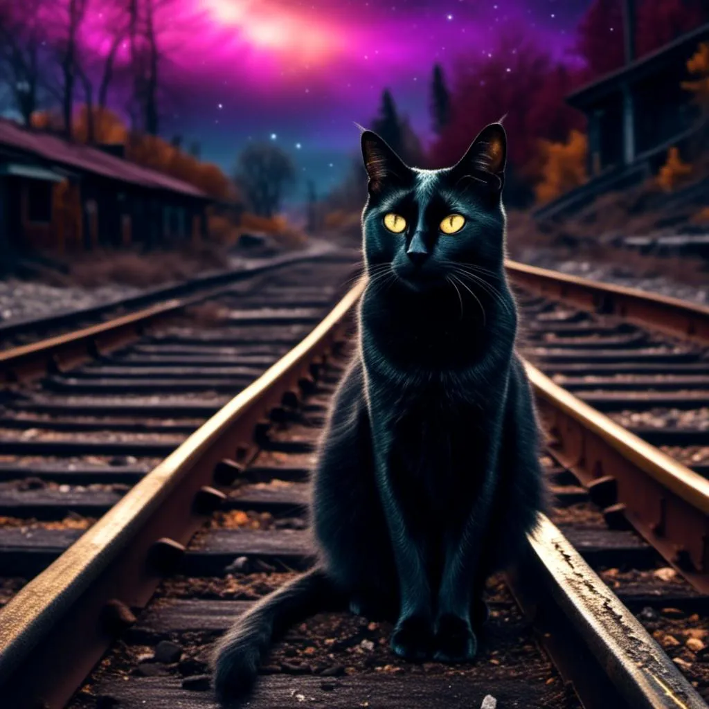 Prompt: <mymodel>Detailed 3D rendering of a sleek black cat on abandoned train tracks, realistic fur texture with subtle reflections, intense and enigmatic gaze, high-quality, realistic, moody lighting, abandoned urban setting, dark and eerie atmosphere, noir style, detailed eyes, professional 3D rendering, cinematic lighting, abandoned, highres, ultra-detailed, realistic, noir, dark tones, moody lighting