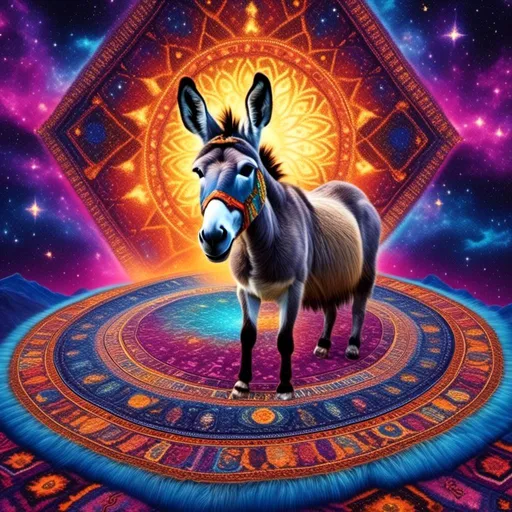 Prompt: <mymodel>High-quality digital illustration of a mystical donkey on a vibrant magic carpet, intricate details on the carpet's patterns, realistic fur texture on the monkey, magical aura surrounding the scene, vivid colors and enchanting lighting, high-res, magical realism, detailed carpet patterns, mystical monkey, vibrant colors, realistic fur texture, magical atmosphere, professional artwork, enchanting lighting