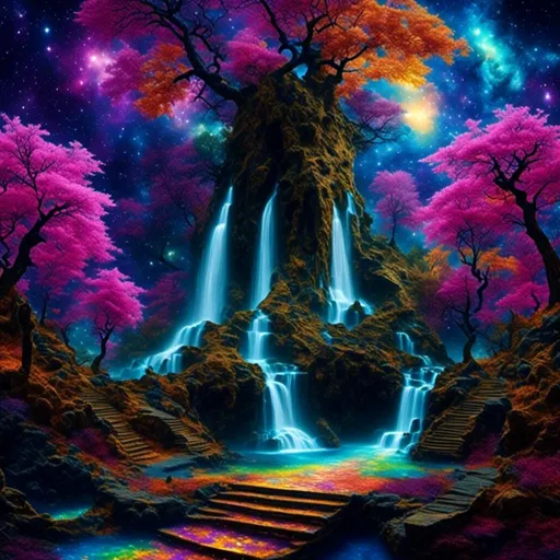 Prompt: waterfalls<mymodel> on a vibrant magic carpet, intricate details on the carpet's patterns, realistic fur texture on the monkey, magical aura surrounding the scene, vivid colors and enchanting lighting, high-res, magical realism, detailed carpet patterns, mystical monkey, vibrant colors, realistic fur texture, magical atmosphere, professional artwork, enchanting lighting